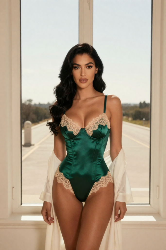 HuarenWay muse in the roadway room - fictional 27-year-old woman in an emerald satin corset set at tall windows over a plain stone roadway